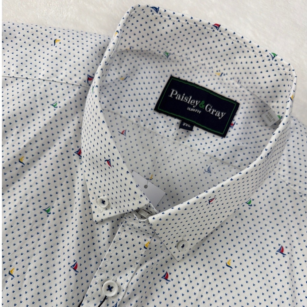 Paisley & Gray Slim Fit Sailboat Print 100% Cotton White Mens XXL NWT